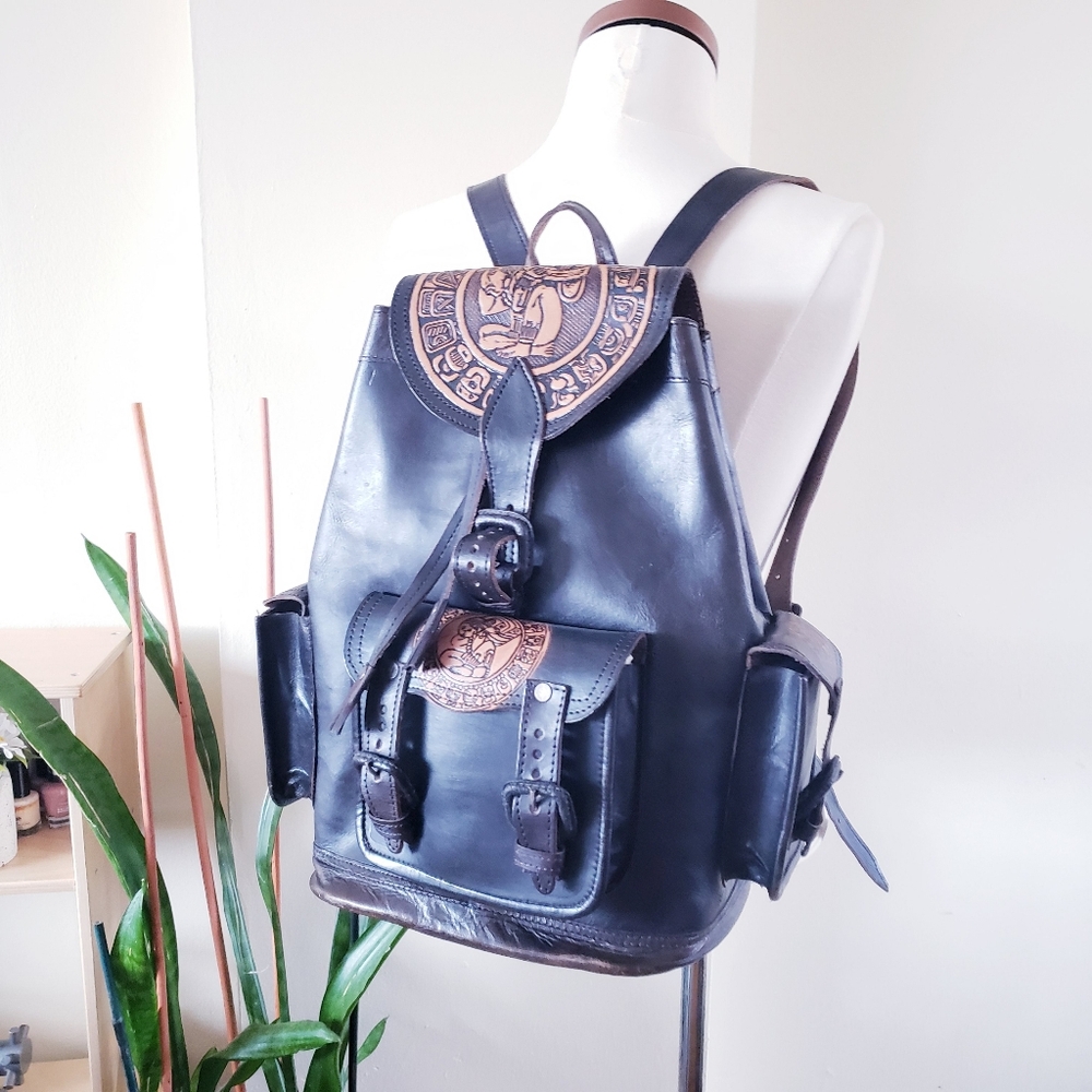 Handcrafted Tooled Leather Backpack - O/S Made In MEXICO